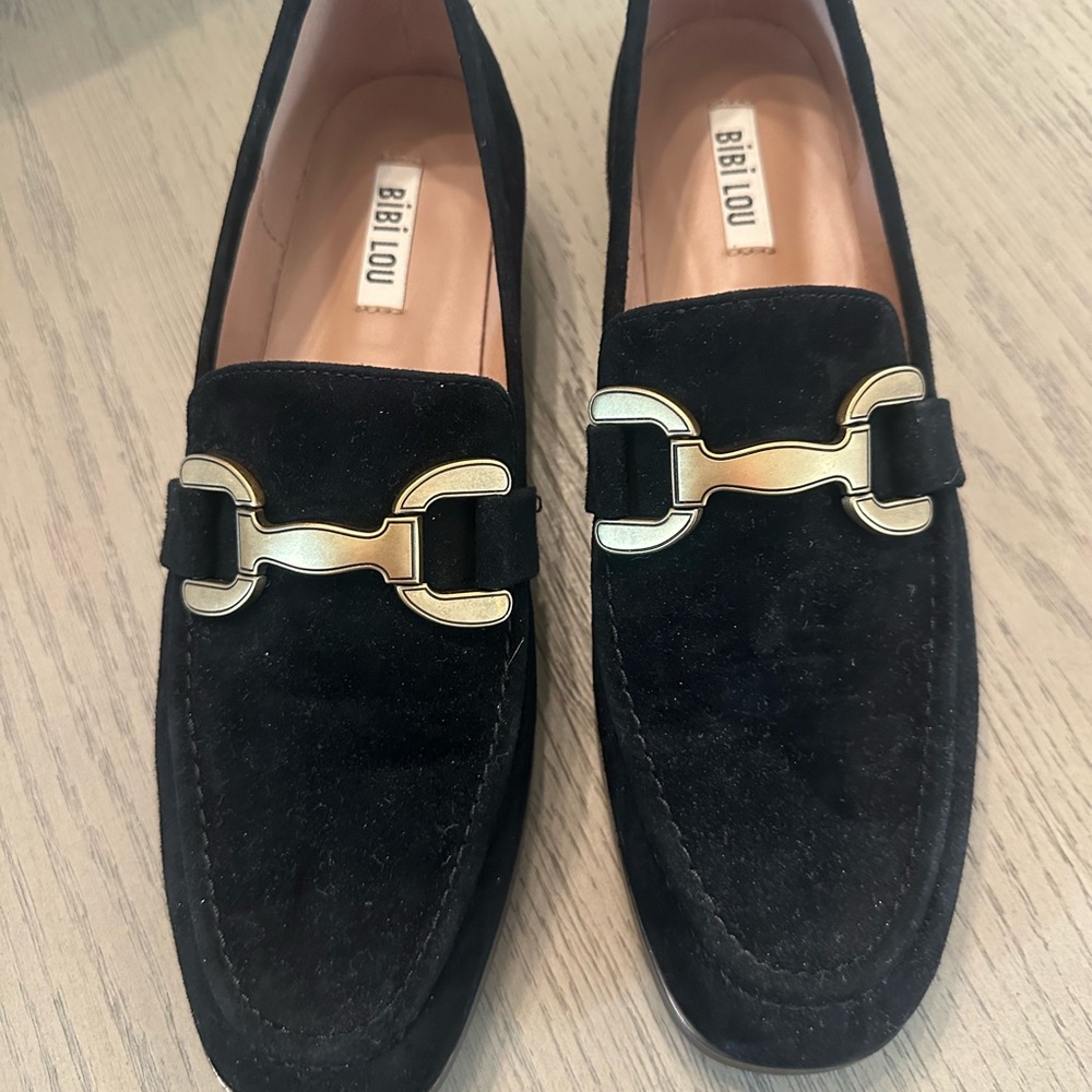 Bibi Lou Vela Black Suede Loafers with Gold Accents-Size 41